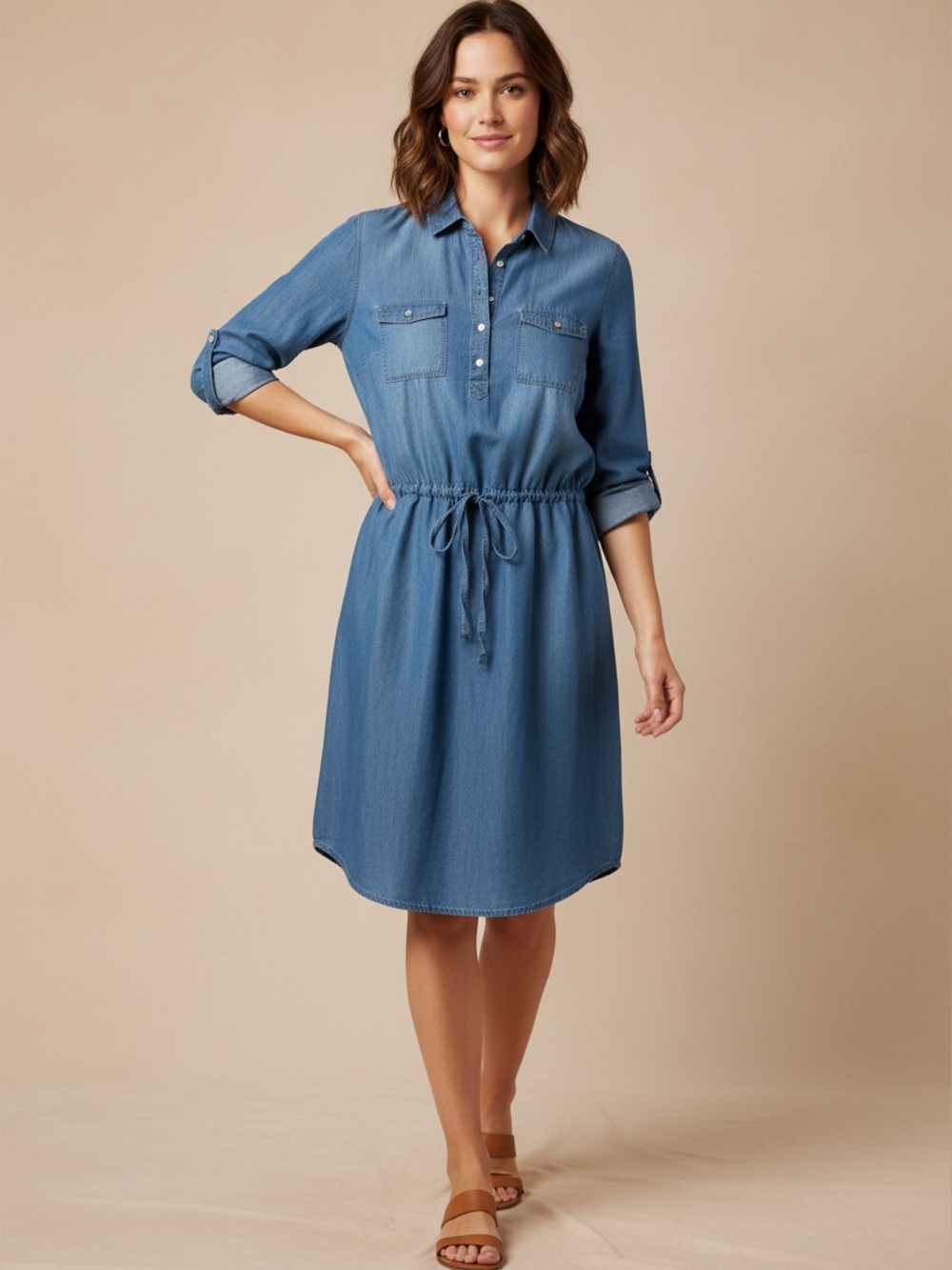 Gloria Vanderbilt Light Blue Chambray Drawstring Midi Dress